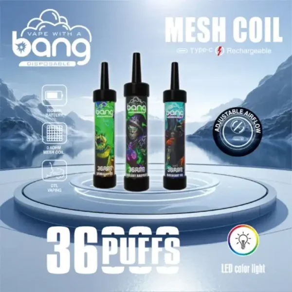 Bang 36K (36000) Puffs DTL LED Color Light 40ml E-liquid Type-C Charging 0% 2% 3% 5% Nicotine Disposable Vape Pen 1 Bang 36K (36000) Puffs DTL LED Color Light 40ml E-liquid Type-C Charging 0% 2% 3% 5% Nicotine Disposable Vape Pen new-vape.com