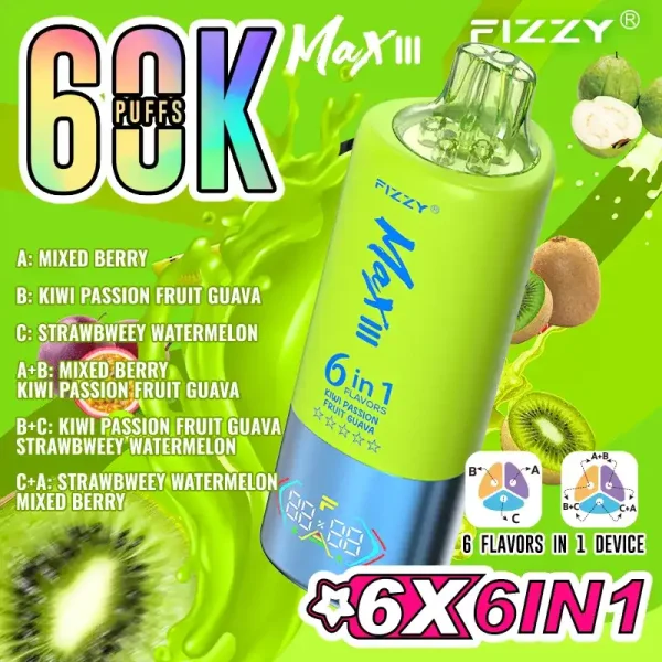 Fizzy Max III 6in1 60K (60000) Puffs Mixed Berry Kiwi Passion Fruit Guava Strawberry Watermelon Disposable Vape 1 Fizzy Max III 6in1 60K (60000) Puffs LCD Display 60ml E-liquid 850 mAh Battery 2% 5% Nicotine 10 Flavors Disposable Vape