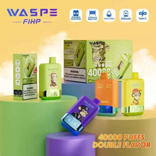 WASPE FIHP Double Flavor 40K (40000) Puffs Smart LED Display 2% 5% Nicotine 36mL E-liquid 850mAh Rechargeable Battery Disposable Vape