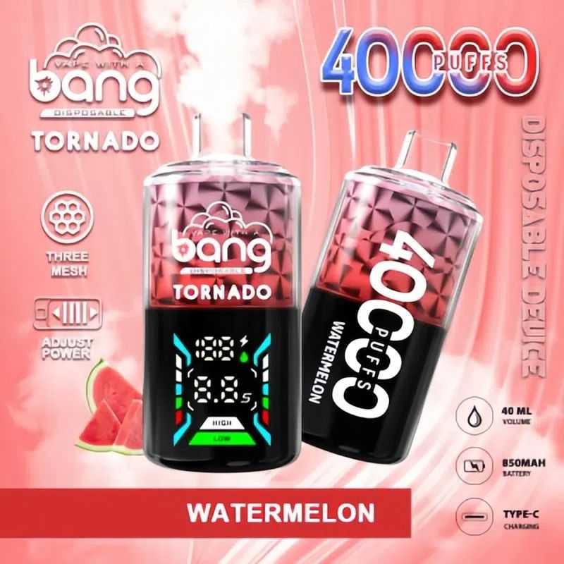 new-vape.com Bang Tornado 40K(40000) Puffs Large Smoke DTL Smart LED Display 0% 2% 3% 5% Nicotine 40mL E-liquid Disposable Vape